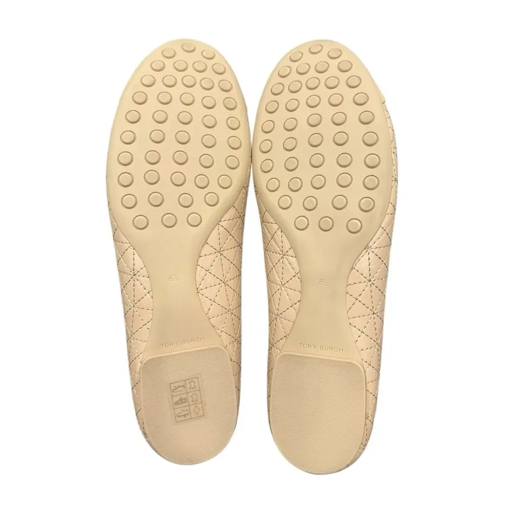 Tory Burch Claire Quilted Ballet Flats Beige Cap Toe Leather Size 8.5 Pristine